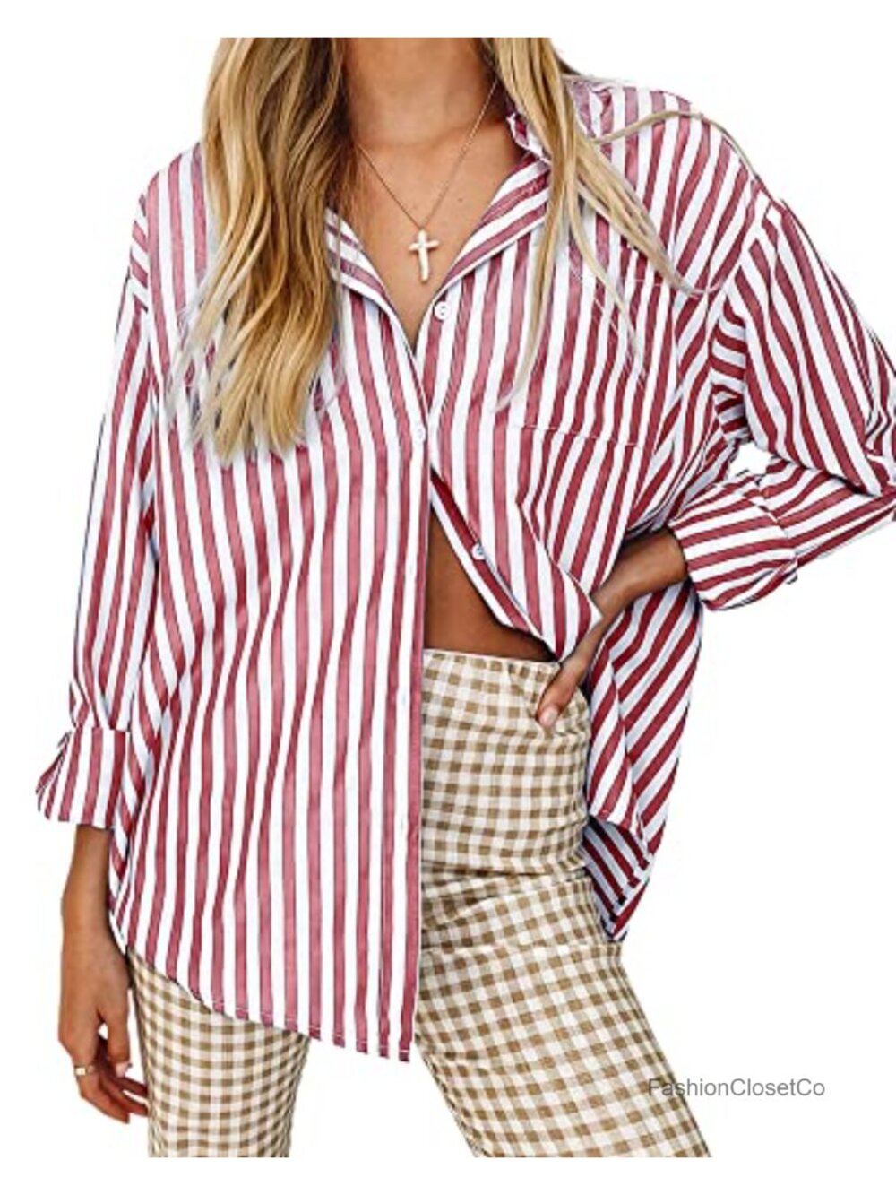 Womens Striped Button Down Blouse Long Sleeve V Neck Loose Fit Casual Top